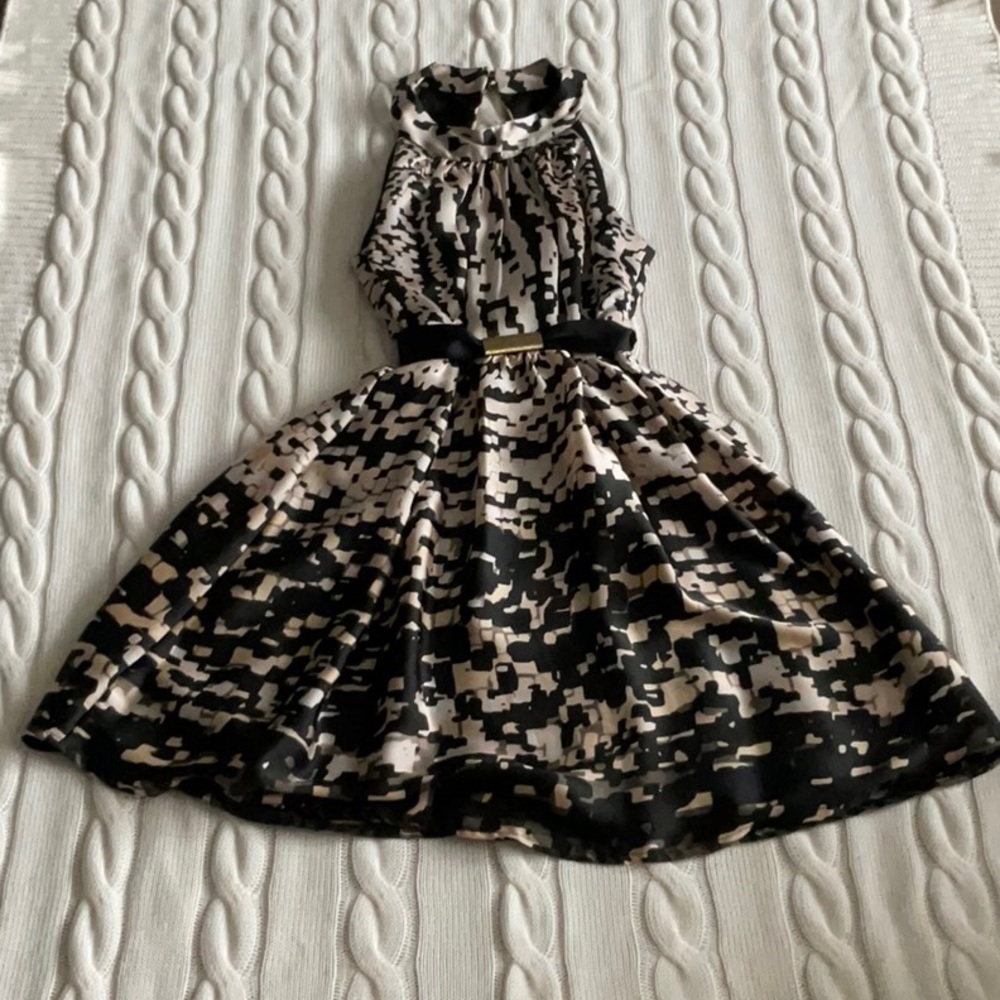 Asymmetrical Black, Grey and Tan Print Dress Size Small